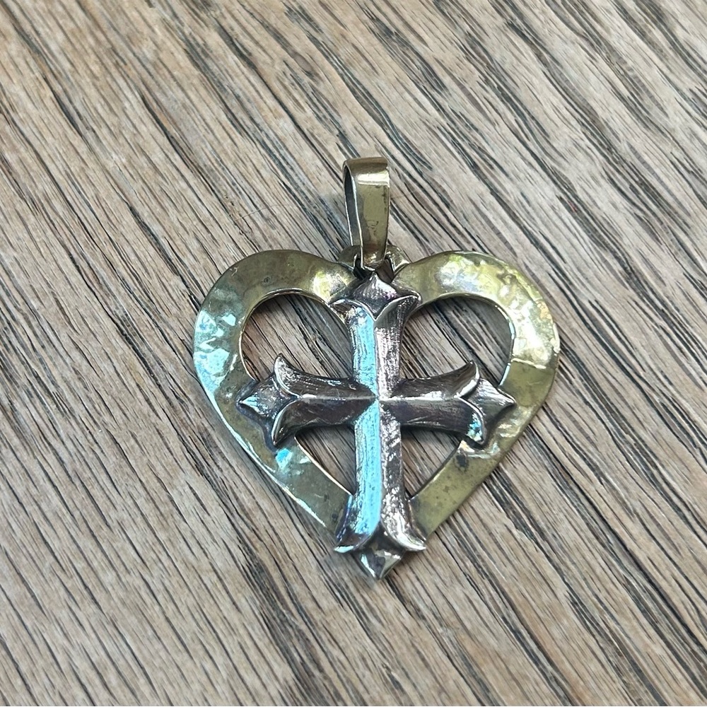 Jeep Collins Heart with Cross Pendant in Sterling and Bronze